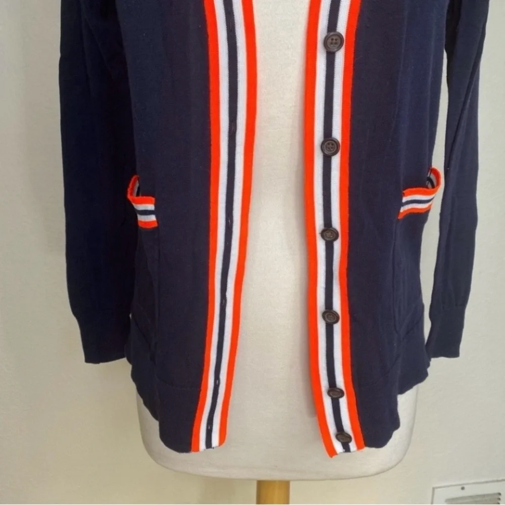 J. Crew Women Navy Neon Orange Stripe Detail Button Knit Cardigan Size XS Preppy - Picture 6 of 16